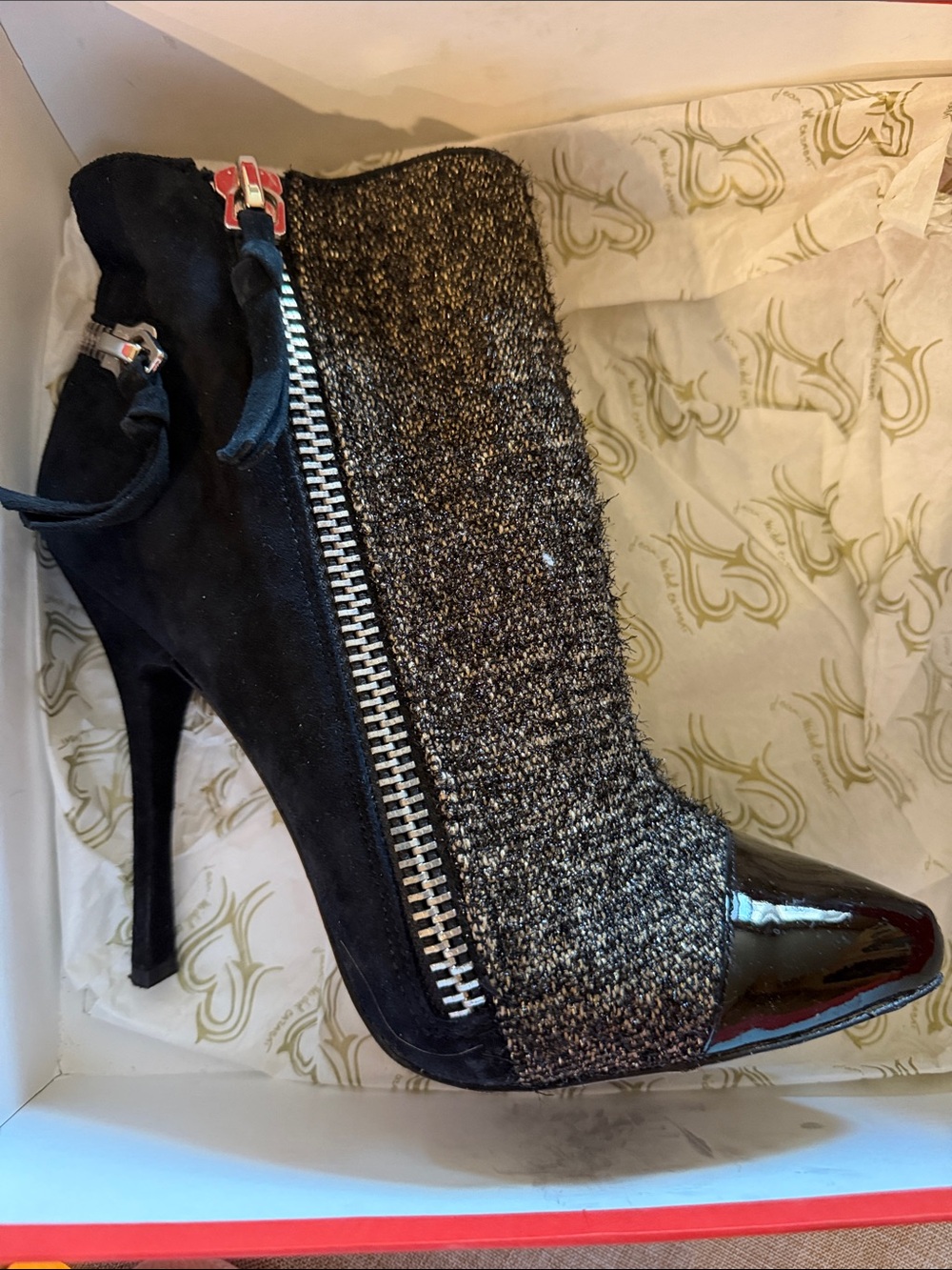 Black Suede and Metallic Knit High-Heel Ankle Boot